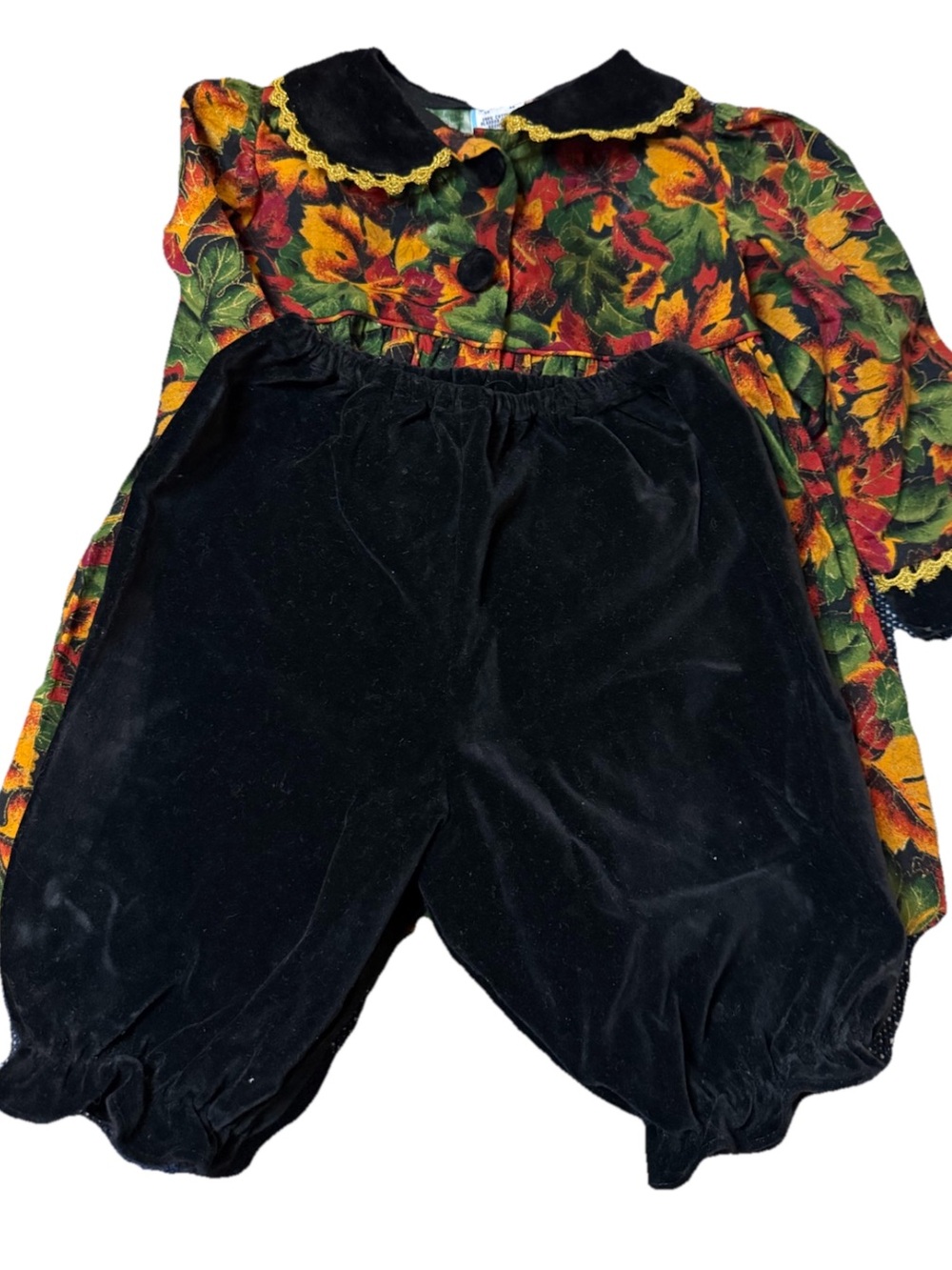 Vintage Dress Fall Leaves Black Velvet Pants Set Thanksgiving 18 Months Toddler
